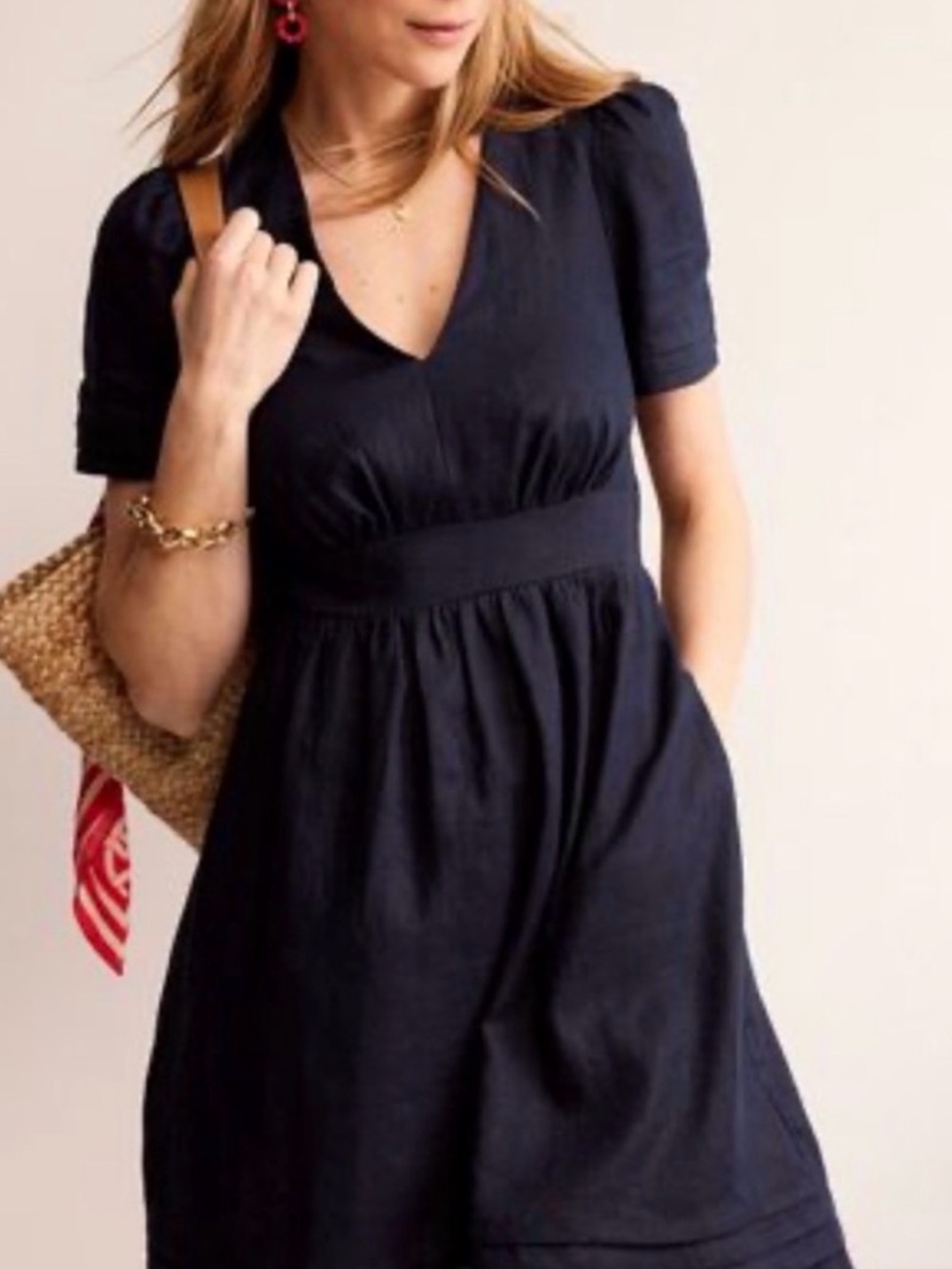 Boden Eve 100% Linen Dress Navy Short Puff Sleeve V-Neck Summer Resort Size 4 - Picture 4 of 10